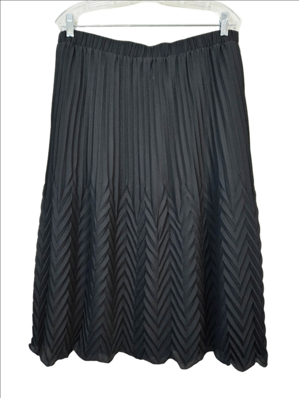 🌿Nanette Lepore Black Pleated Chevron-Panel Midi Skirt, Size L ~ EUC - Picture 2 of 5